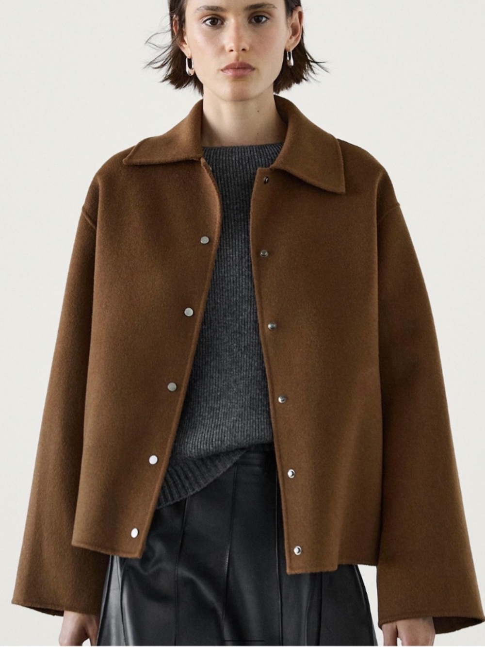 NWT MASSIMO DUTTI SHORT WOOL BLEND BROWN COAT WITH SNAP BUTTONS SIZE L
